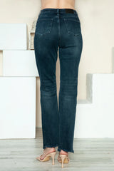 Judy Blue Full-Size Button Fly Hem Destroy Straight Jeans in medium wash featuring a button fly closure, straight-leg fit, distressed raw hem, classic five-pocket styling, and moderate stretch denim.