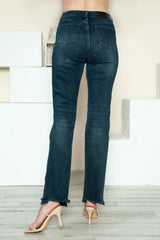 Judy Blue Full-Size Button Fly Hem Destroy Straight Jeans in medium wash featuring a button fly closure, straight-leg fit, distressed raw hem, classic five-pocket styling, and moderate stretch denim.