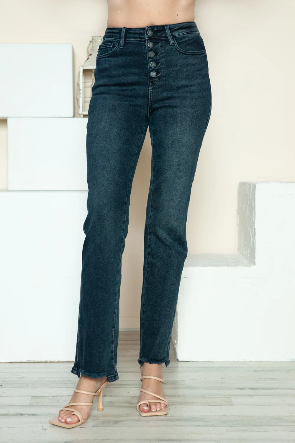 Judy Blue Full-Size Button Fly Hem Destroy Straight Jeans in medium wash featuring a button fly closure, straight-leg fit, distressed raw hem, classic five-pocket styling, and moderate stretch denim.
