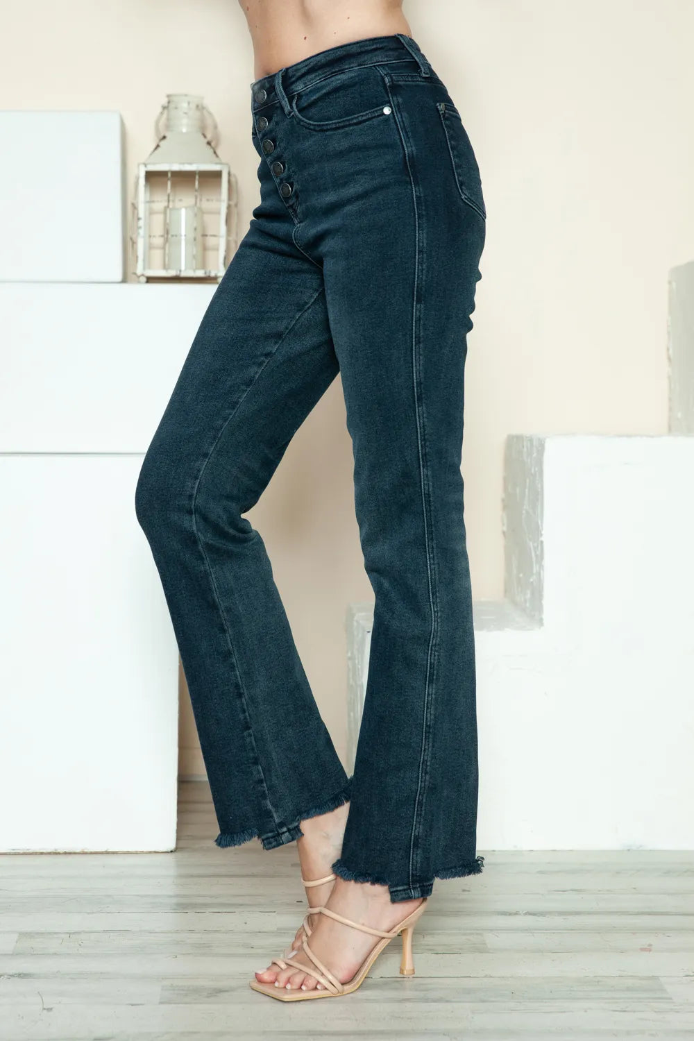 Judy Blue Full-Size Button Fly Hem Destroy Straight Jeans in medium wash featuring a button fly closure, straight-leg fit, distressed raw hem, classic five-pocket styling, and moderate stretch denim.