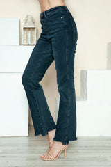 Judy Blue Full-Size Button Fly Hem Destroy Straight Jeans in medium wash featuring a button fly closure, straight-leg fit, distressed raw hem, classic five-pocket styling, and moderate stretch denim.