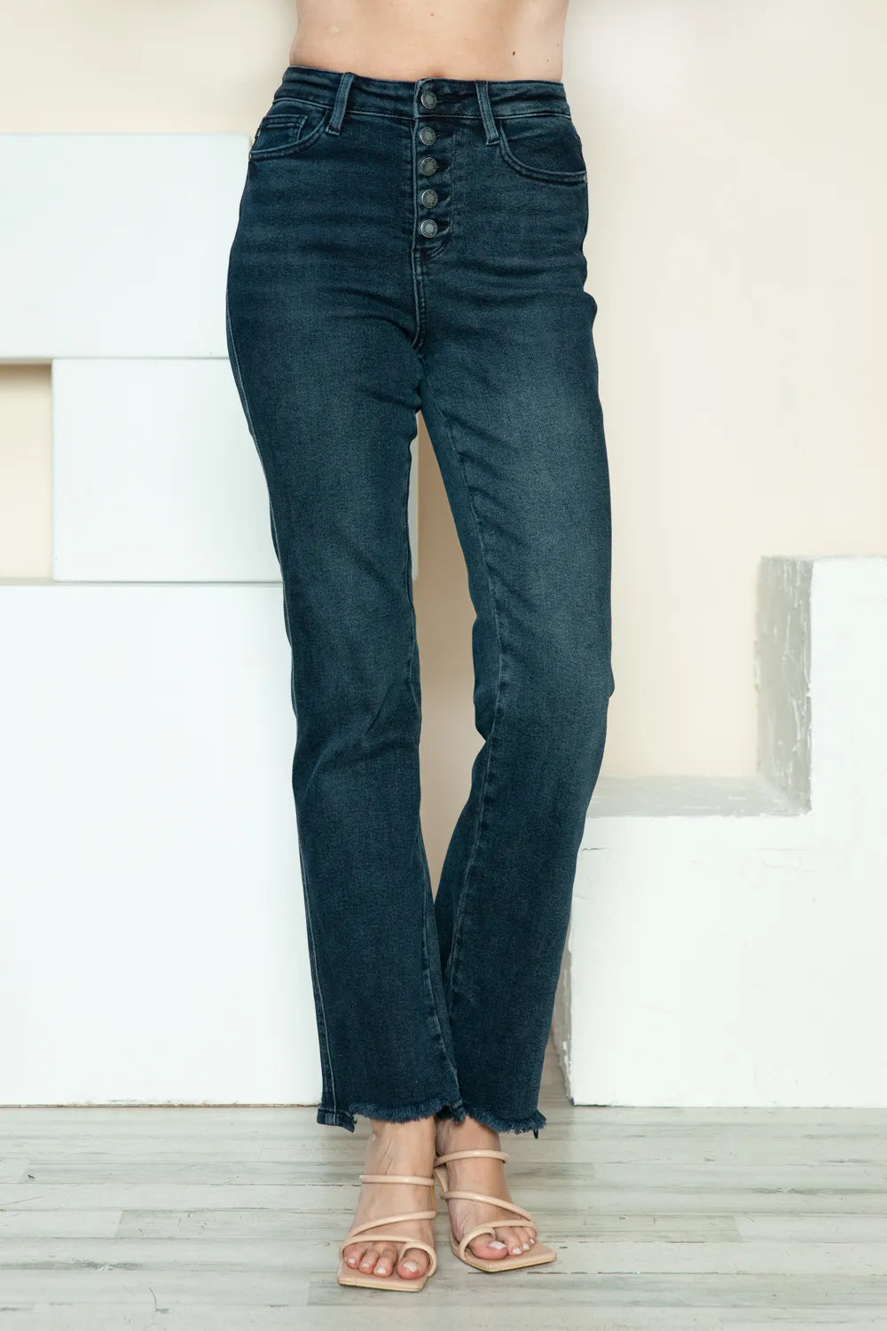 Judy Blue Full-Size Button Fly Hem Destroy Straight Jeans in medium wash featuring a button fly closure, straight-leg fit, distressed raw hem, classic five-pocket styling, and moderate stretch denim.