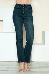 Judy Blue Full-Size Button Fly Hem Destroy Straight Jeans in medium wash featuring a button fly closure, straight-leg fit, distressed raw hem, classic five-pocket styling, and moderate stretch denim.