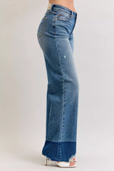 Judy Blue Raw Hem High Waist Column Straight Jeans in medium wash featuring a flattering high-rise fit, wide column straight-leg silhouette, raw hem detailing, and classic five-pocket styling for everyday wear.