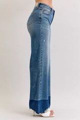 Judy Blue Raw Hem High Waist Column Straight Jeans in medium wash featuring a flattering high-rise fit, wide column straight-leg silhouette, raw hem detailing, and classic five-pocket styling for everyday wear.