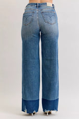 Judy Blue Raw Hem High Waist Column Straight Jeans in medium wash featuring a flattering high-rise fit, wide column straight-leg silhouette, raw hem detailing, and classic five-pocket styling for everyday wear.