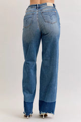 Judy Blue Raw Hem High Waist Column Straight Jeans in medium wash featuring a flattering high-rise fit, wide column straight-leg silhouette, raw hem detailing, and classic five-pocket styling for everyday wear.