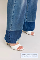 Judy Blue Raw Hem High Waist Column Straight Jeans in medium wash featuring a flattering high-rise fit, wide column straight-leg silhouette, raw hem detailing, and classic five-pocket styling for everyday wear.