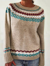Women’s vintage patterned round neck sweater in khaki with multicolor yoke design, available in sizes Small through 5XL.
