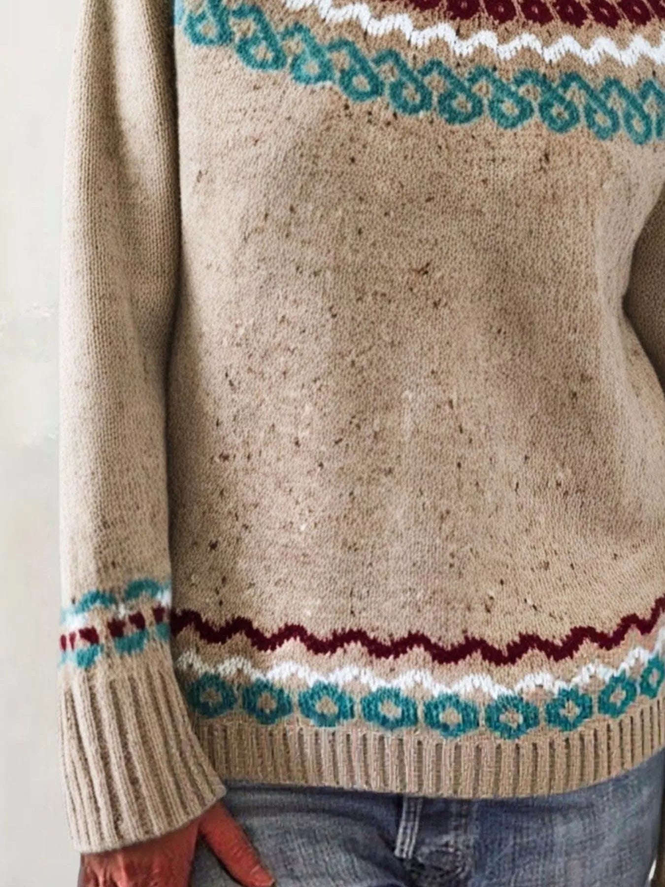 Women’s vintage patterned round neck sweater in khaki with multicolor yoke design, available in sizes Small through 5XL.