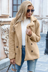 Ivy Lane women's khaki sherpa coat with lapel collar, double-breasted button front, long sleeves, and textured fabric, available in sizes S–5XL.