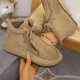 Women’s suede lace-up flat ankle boots with cozy fluffy trim in khaki.
