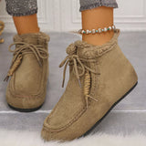 Women’s suede lace-up flat ankle boots with cozy fluffy trim in khaki.