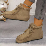 Women’s suede lace-up flat ankle boots with cozy fluffy trim in khaki.