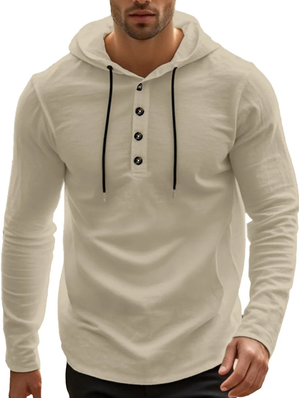Men’s khaki full-size linen-blend long sleeve hoodie with black drawstring and button-detail neckline