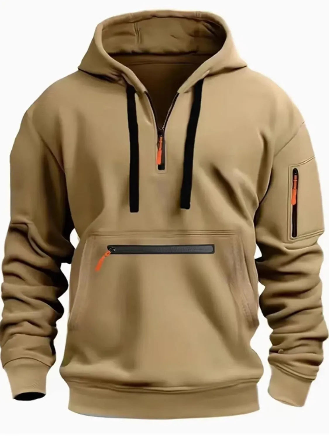 Men’s khaki full size half zip long sleeve hoodie with black drawstrings and zippered pocket details