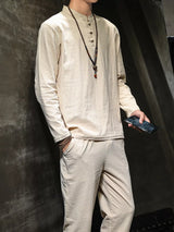 Men’s plus size khaki button detail long sleeve top and pants two-piece set, available in sizes Medium to 5XL.