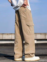 Men’s khaki plus size cargo wide leg pants with drawstring waist and utility pockets, sizes Medium–4XL.