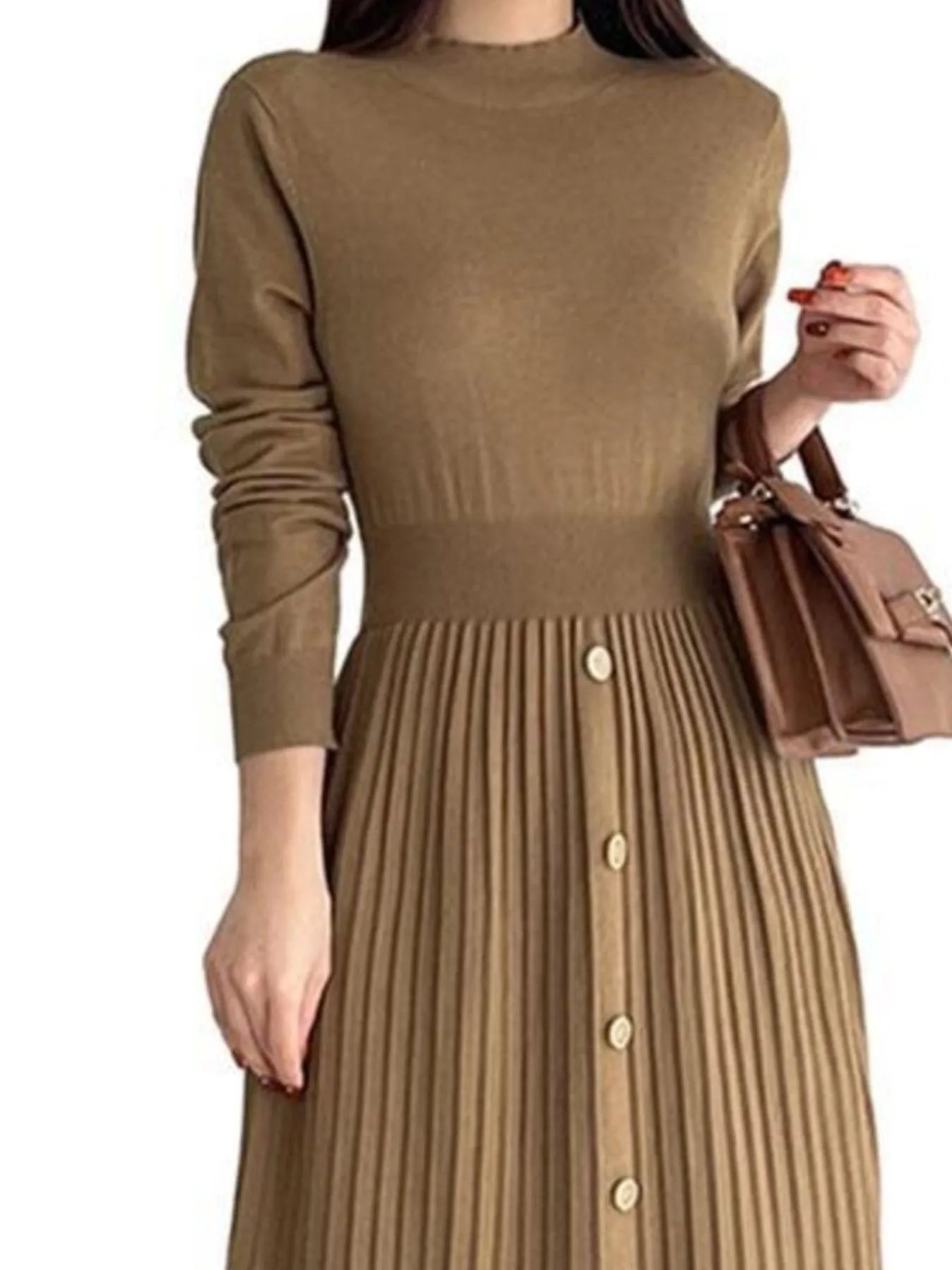 Woman wearing a khaki mock neck long sleeve knit midi dress with pleated skirt, front buttons and slit.