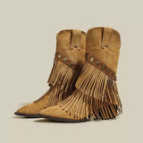 Khaki suede Western boots with pointed toes, layered fringe, studded straps and low heels.