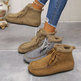 Women’s suede lace-up flat ankle boots with cozy fluffy trim in brown, khaki and gray.