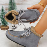 Women’s suede lace-up flat ankle boots with cozy fluffy trim in gray.