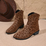 Women's brown leopard print western ankle boots featuring suede material, pointed toes, low block heels and side zipper detail.