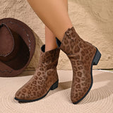Women's brown leopard print western ankle boots featuring suede material, pointed toes, low block heels and side zipper detail.