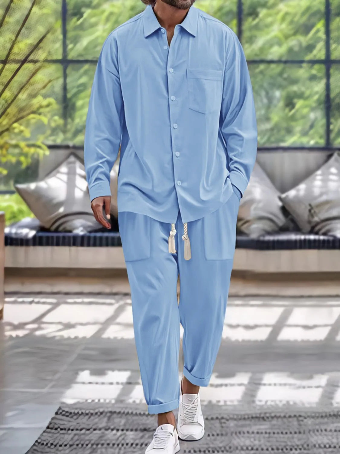 Men’s light blue button down long sleeve shirt and matching pants two-piece set with drawstring waist, available in sizes Small–2XL.