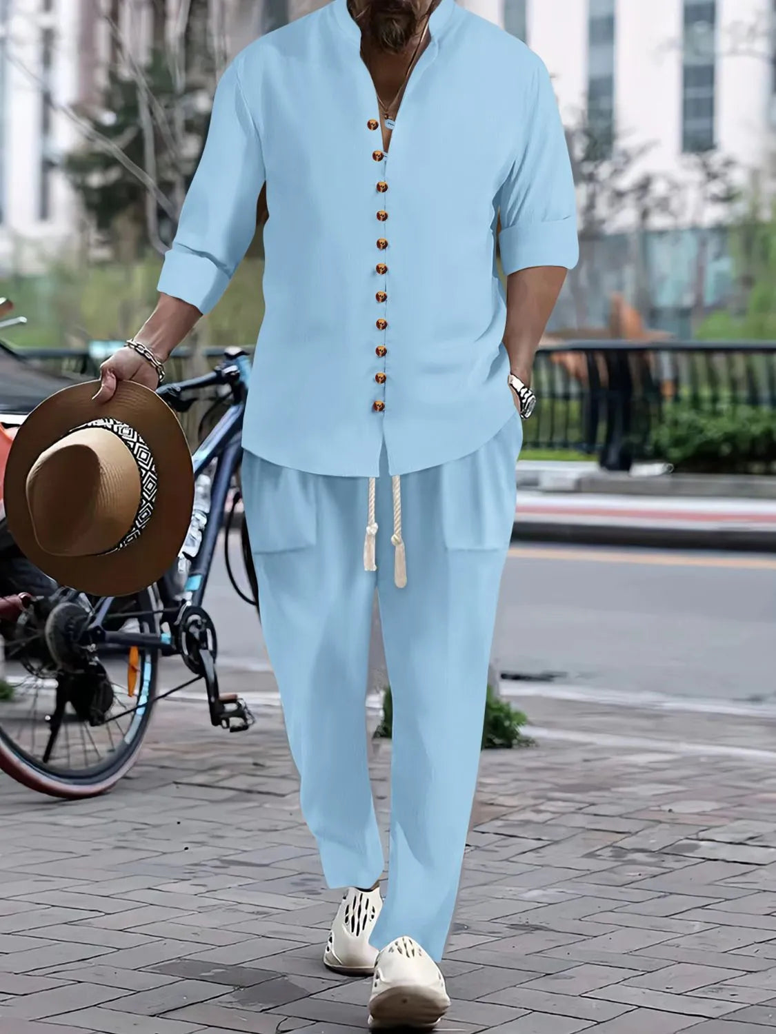 Men’s light blue button front long sleeve shirt and coordinating pants two-piece set