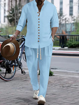 Men’s light blue button front long sleeve shirt and coordinating pants two-piece set