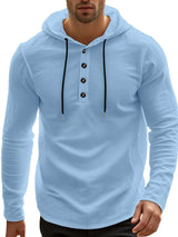 Men’s light blue full-size linen-blend long sleeve hoodie with black drawstring and button-detail neckline