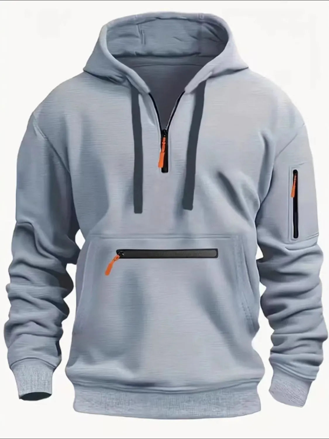 Men’s light blue full size half zip long sleeve hoodie with black drawstrings and zippered pocket details