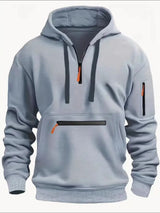Men’s light blue full size half zip long sleeve hoodie with black drawstrings and zippered pocket details