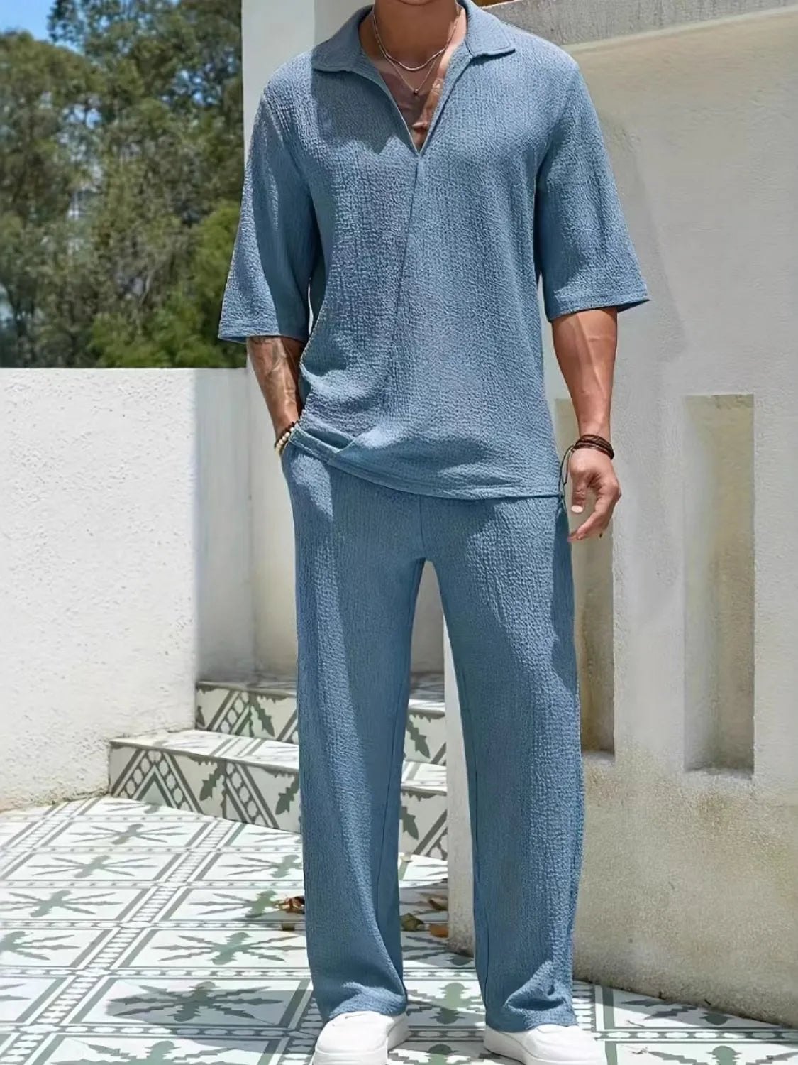 Men’s dusty blue Johnny collar half sleeve top and matching pants two-piece set