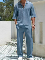 Men’s dusty blue Johnny collar half sleeve top and matching pants two-piece set