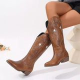 Women's Western Star Embroidered Cowboy Boots with low heel and embroidered star detailing, available in multiple colors for fall outfits, country concerts, dresses, and denim.