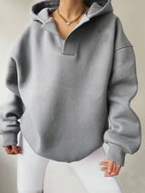Women's oversized dropped shoulder hoodie sweatshirt in light gray with long sleeves and relaxed fit, perfect for casual fall outfits, available in 11 colors and sizes Small–2XL.