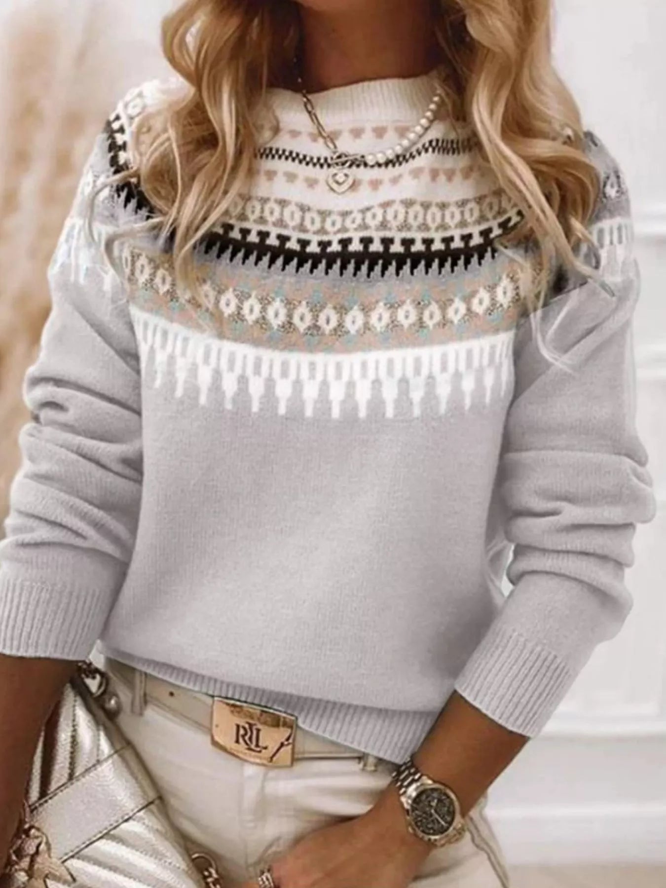 Women’s vintage patterned round neck sweater in light gray with multicolor yoke design, available in sizes Small through 5XL.