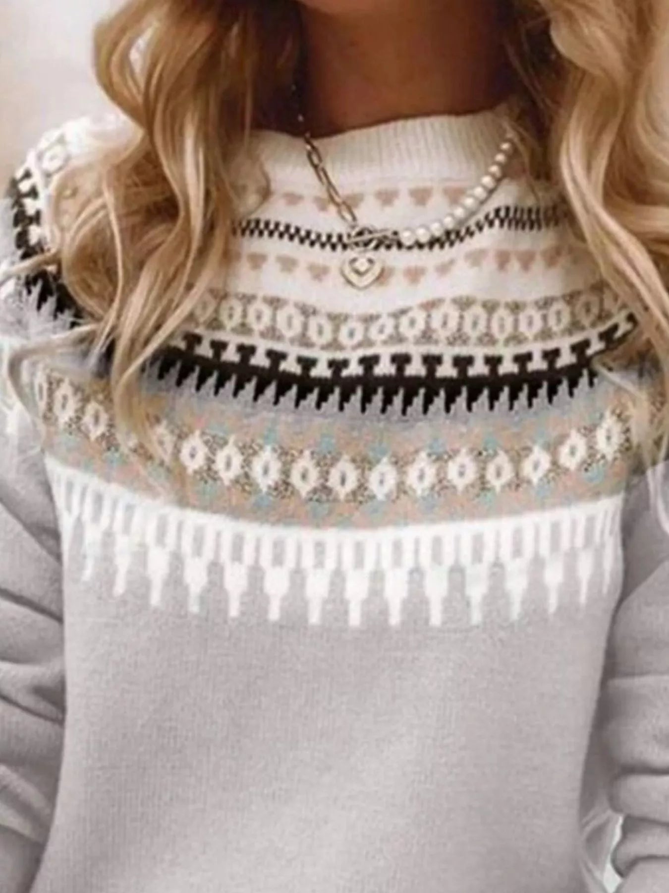 Women’s vintage patterned round neck sweater in light gray with multicolor yoke design, available in sizes Small through 5XL.