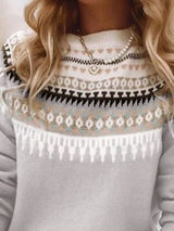 Women’s vintage patterned round neck sweater in light gray with multicolor yoke design, available in sizes Small through 5XL.