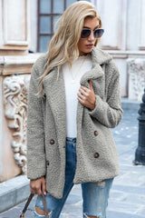 Ivy Lane women's light gray sherpa coat with lapel collar, double-breasted button front, long sleeves, and textured fabric, available in sizes S–5XL.