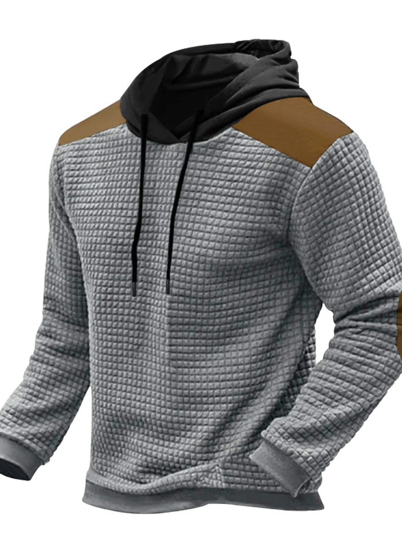 Men’s light gray waffle-knit hoodie with black hood, brown contrast shoulder panels and drawstring