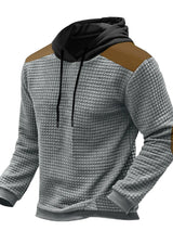 Men’s light gray waffle-knit hoodie with black hood, brown contrast shoulder panels and drawstring