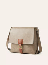Light Gray vintage-style crossbody bag featuring a flap closure, decorative buckle detail, and adjustable shoulder strap.