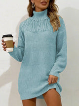 Light blue plus size turtleneck sweater dress with fringe neckline and long sleeves