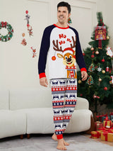 Dad wearing matching Christmas reindeer pajamas with navy sleeves, red trim, smiling Santa-hat reindeer graphics and festive patterned pants.