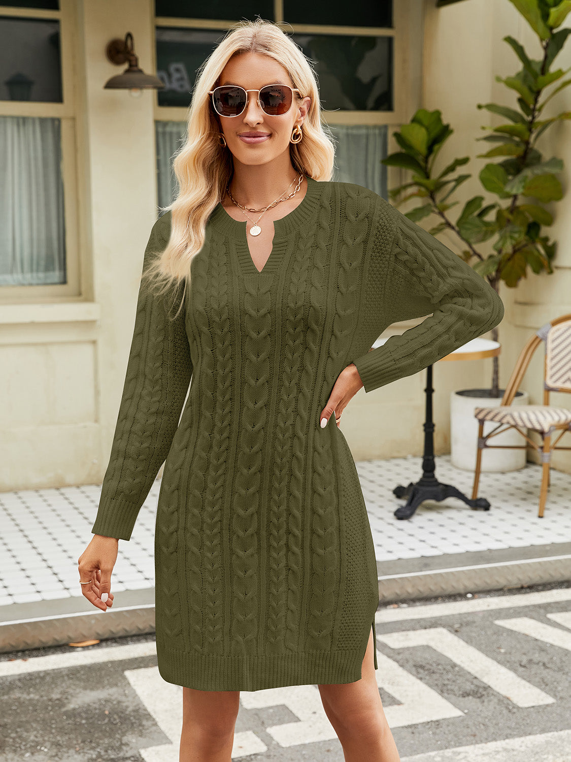 Matcha green notched neck cable-knit long sleeve sweater dress with side slit for women