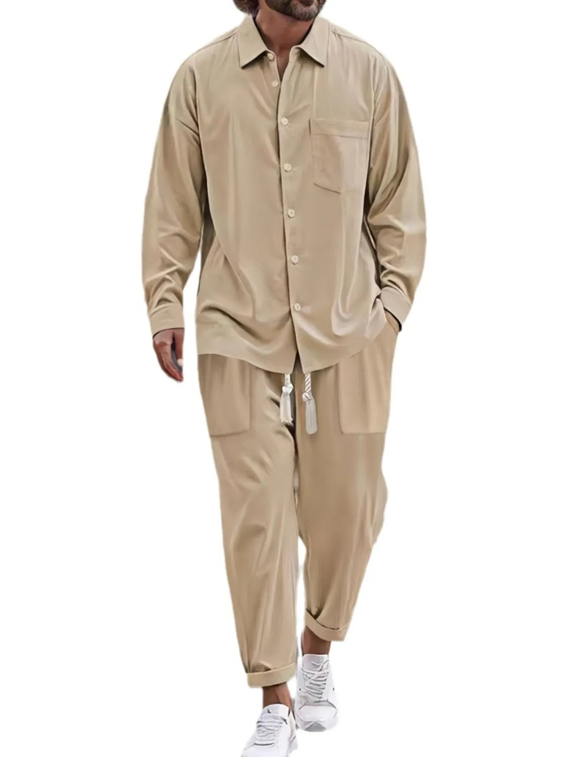 Men’s khaki button down long sleeve shirt and matching pants two-piece set with drawstring waist, available in sizes Small–2XL.