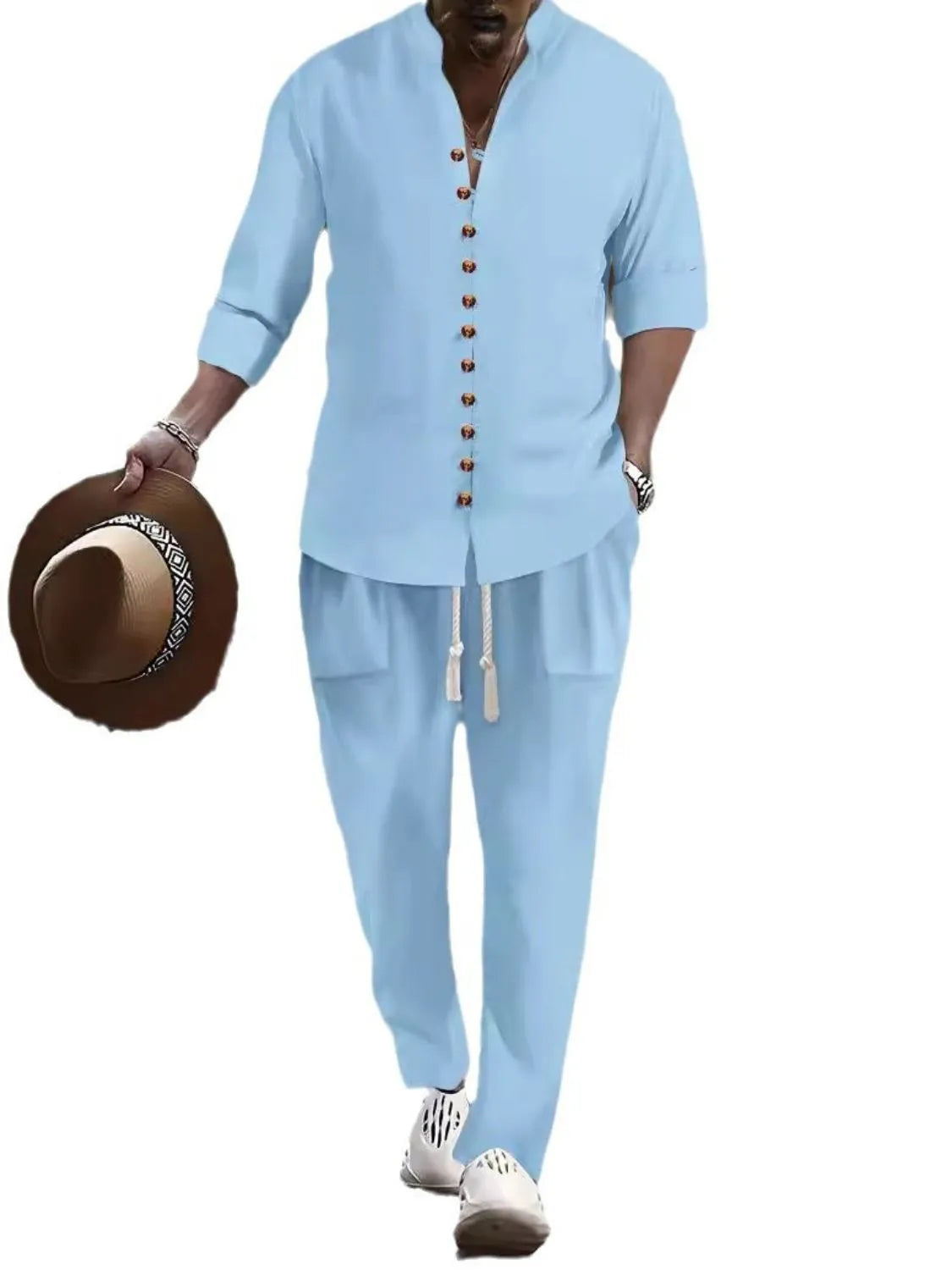 Men’s light blue button front long sleeve shirt and coordinating pants two-piece set